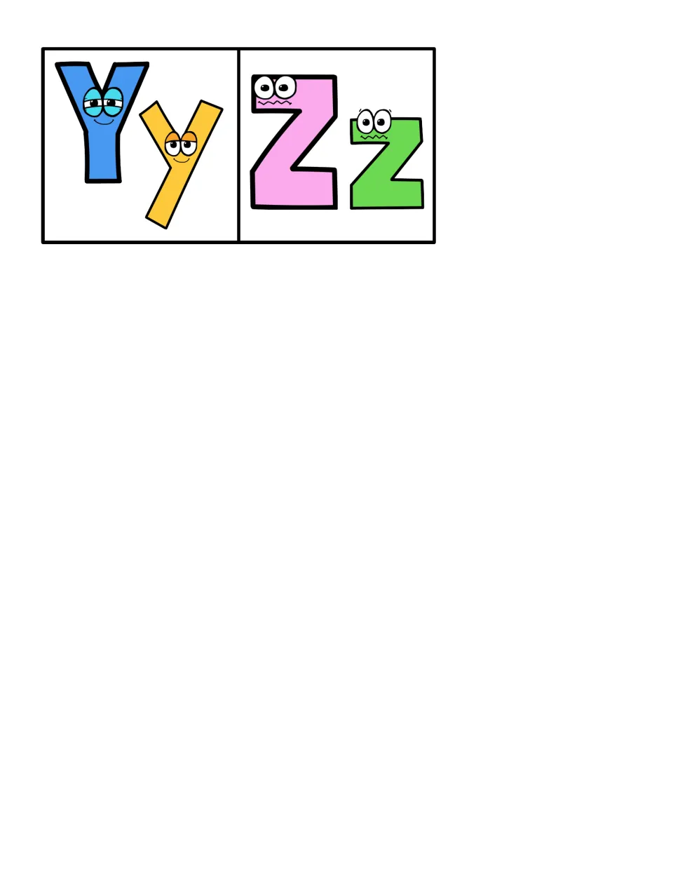 Last two letter label cards, Yy and Zz, completing the cartoon alphabet set for the sorting mats