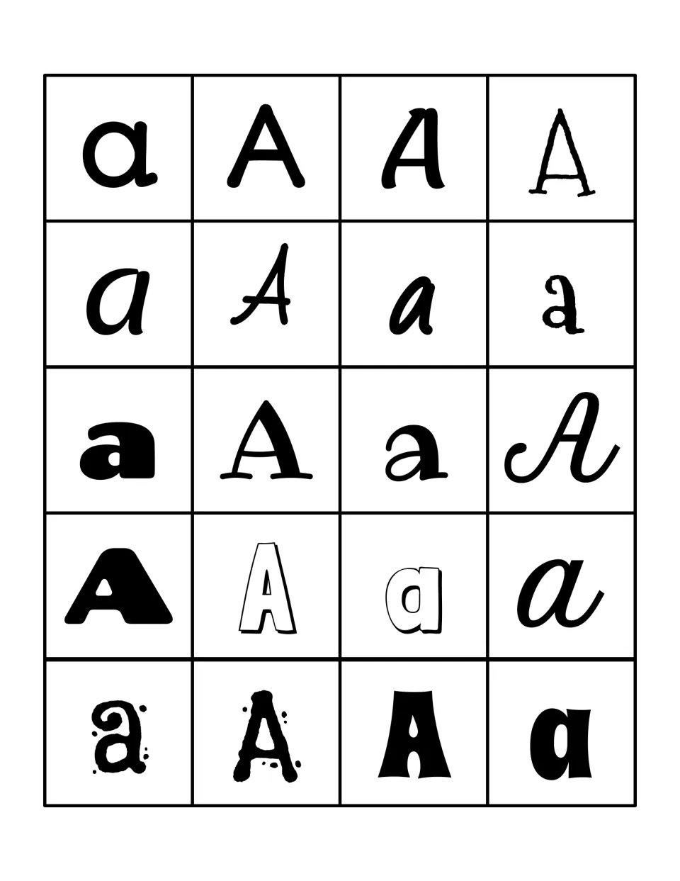 Letter A sorting cards: 20 uppercase A and lowercase a cards in different fonts, including script and bold