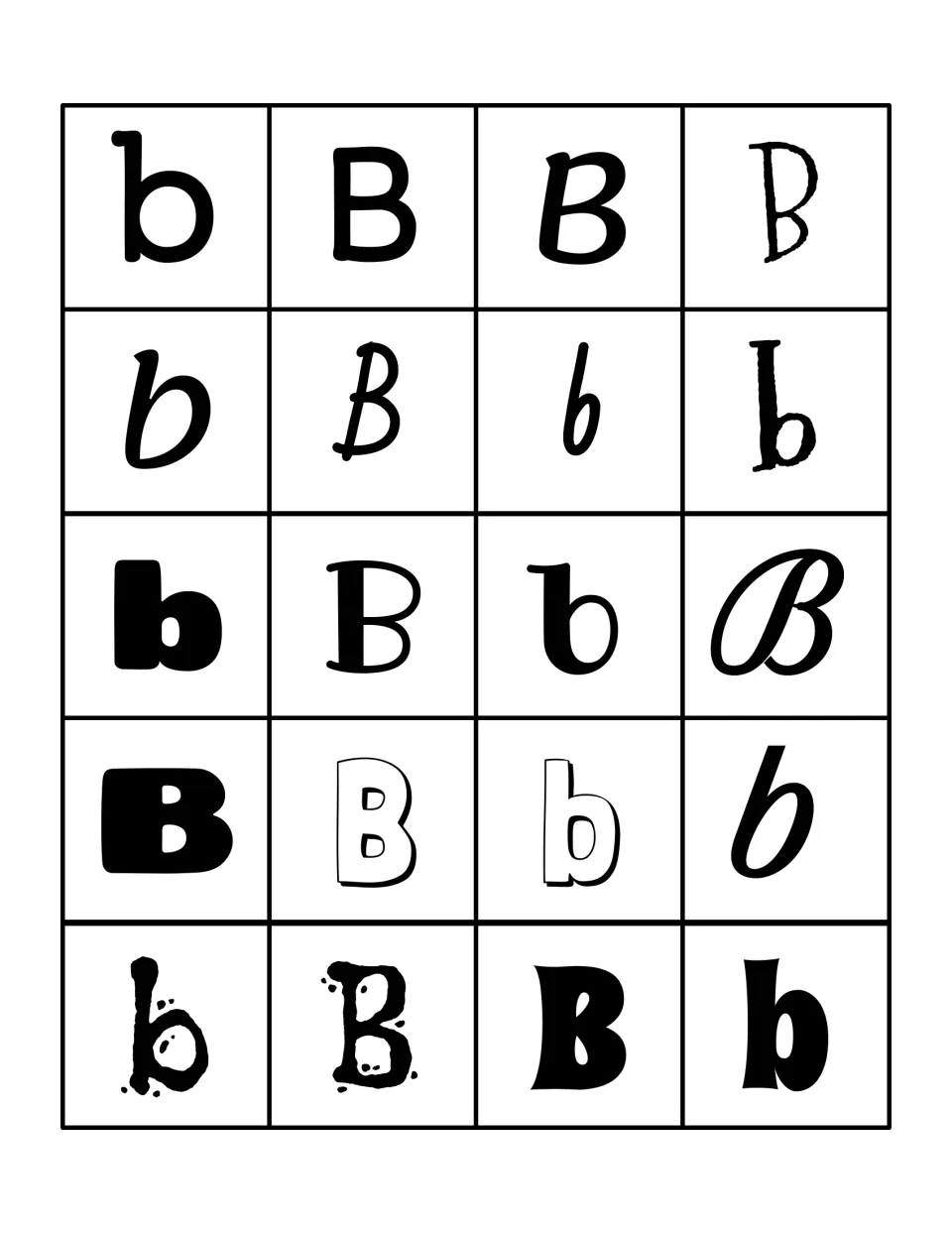 Letter B sorting cards: 20 B and b cards in print, italic, cursive, outline and splatter fonts