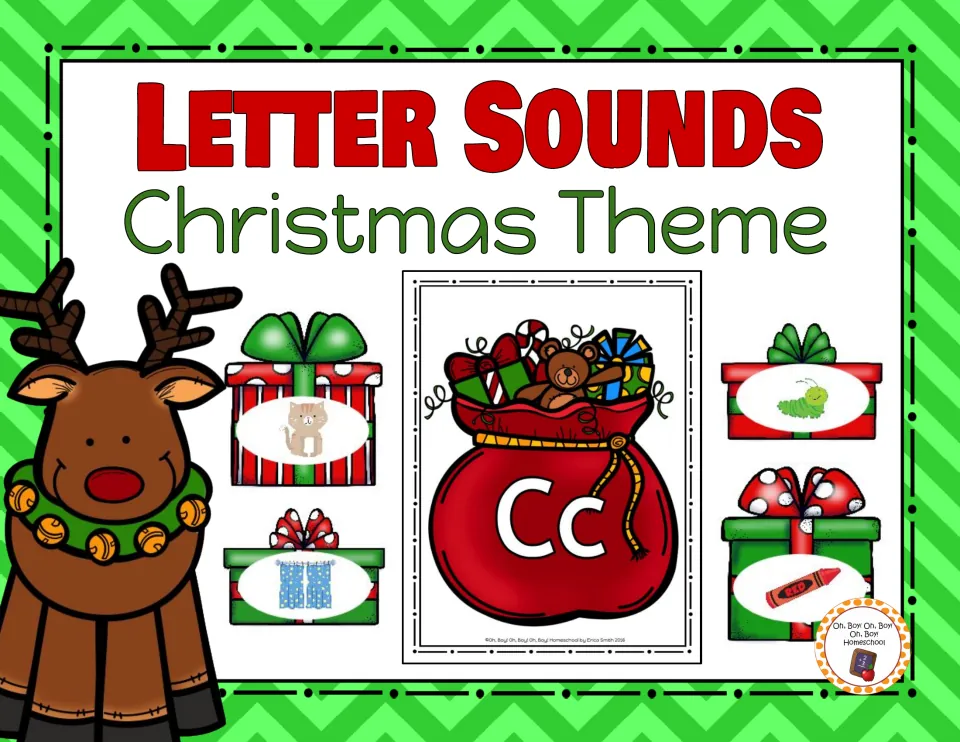 Christmas letter sounds packet cover with the Cc Santa bag card and picture presents: cat, crayon, caterpillar