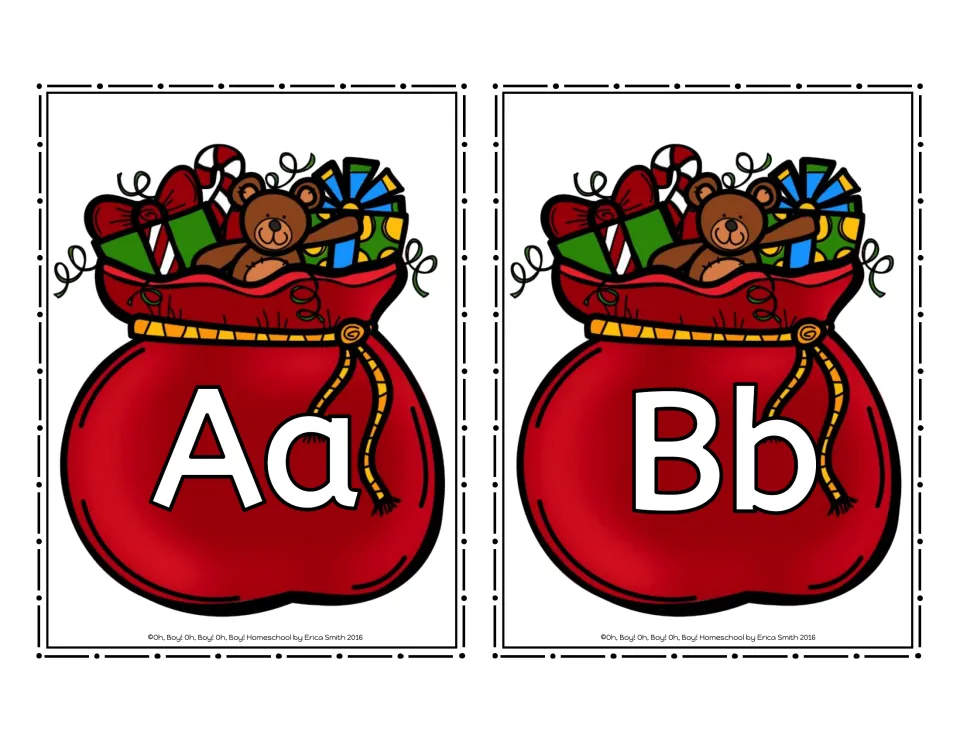Santa bag letter cards Aa and Bb, the mats where students place the matching picture presents