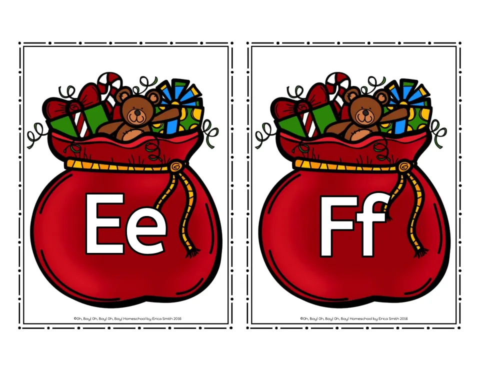 Santa bag cards for letters Ee and Ff, part of the 26-card alphabet set