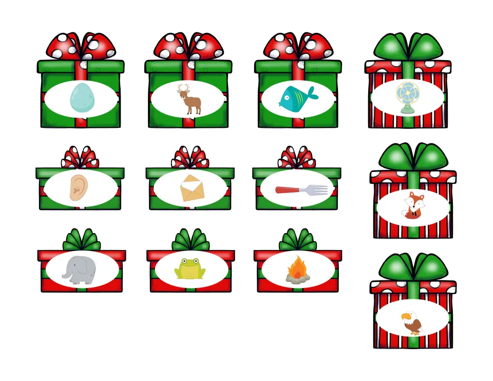 Picture presents for E and F: egg, elk, envelope, elephant, fish, fan, fork, fox and 4 more