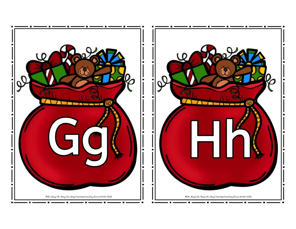 Santa bag letter cards Gg and Hh, each a red sack of toys with the letter pair on it