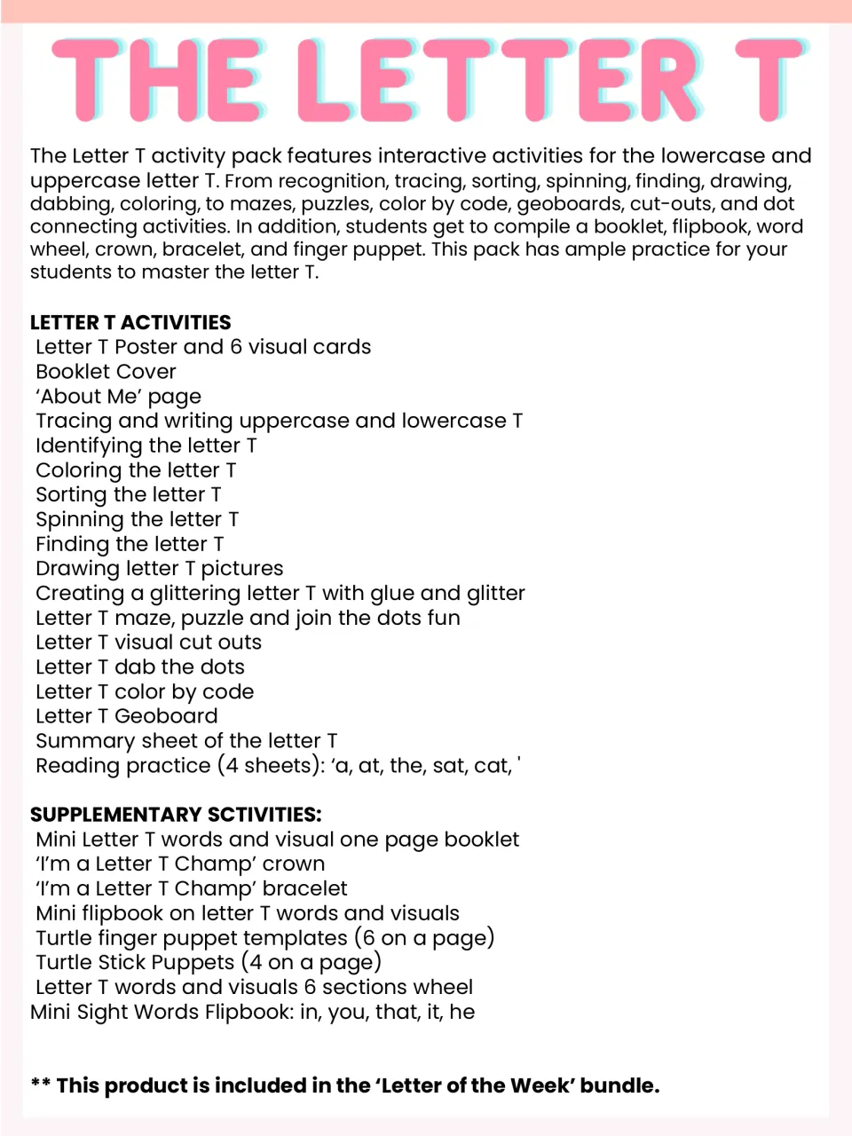 Letter T contents list: tracing, sorting, mazes, color by code, geoboard, reading practice, crown, bracelet and puppets