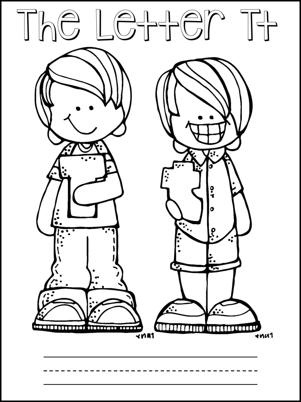 The Letter Tt booklet cover: two children each hold a letter T, with a line below for the student to write their name