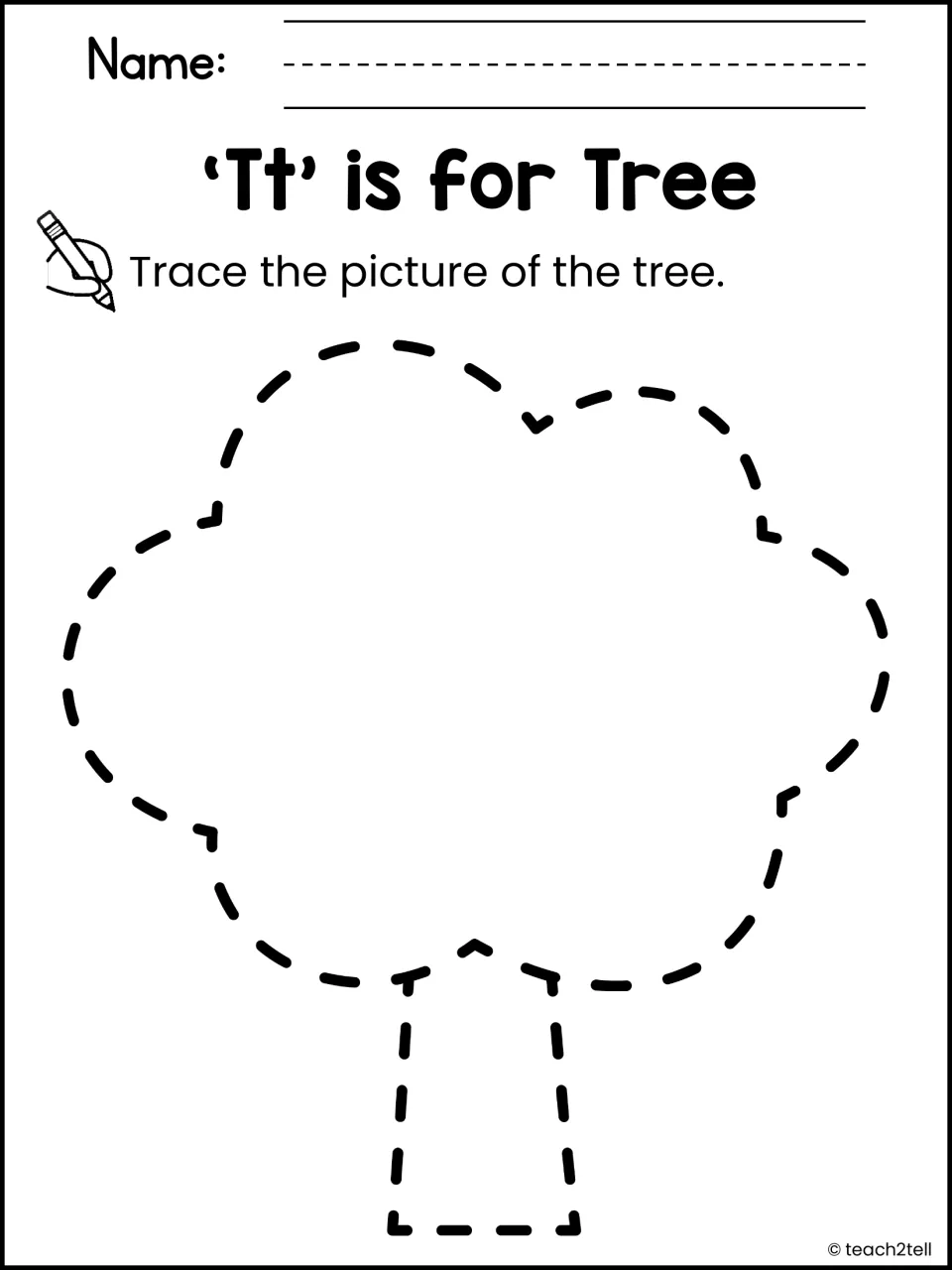 'Tt' is for Tree: students trace the dashed outline of a large tree, linking the letter T to a picture word