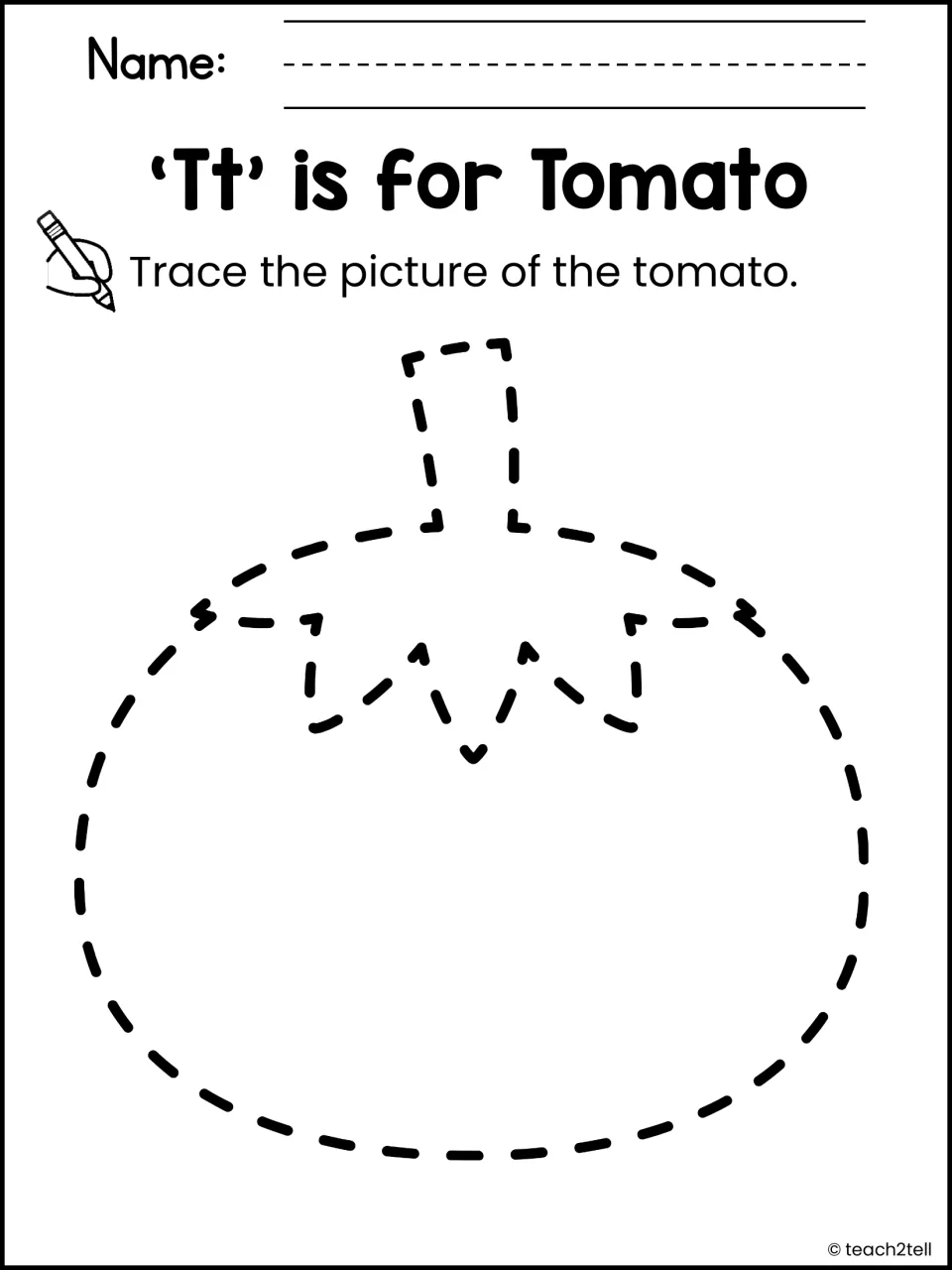 'Tt' is for Tomato: students trace the dashed outline of a round tomato with its stem and leaves