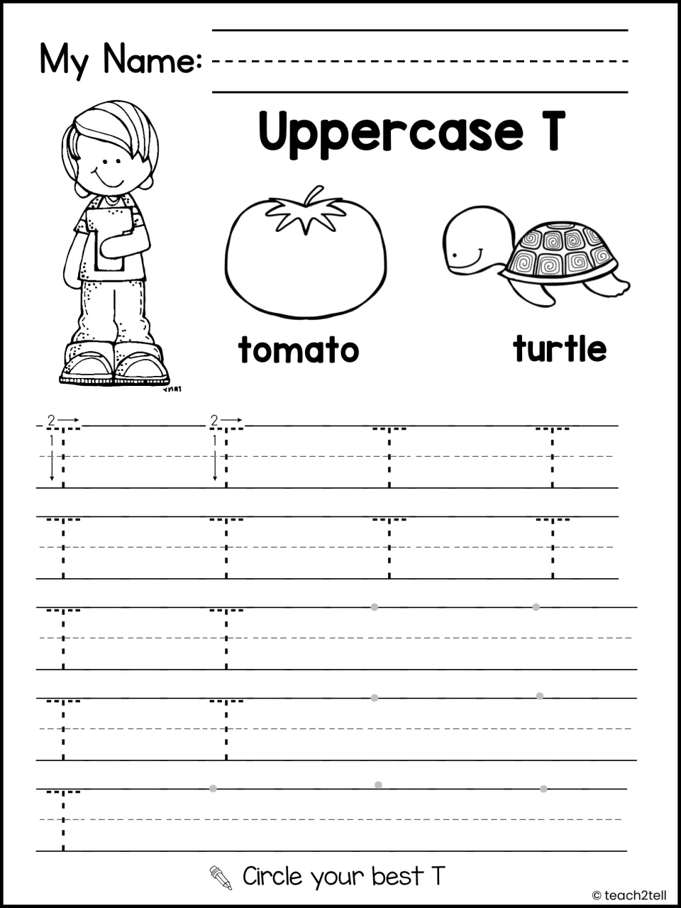 Uppercase T handwriting: students trace and write capital T beside tomato and turtle pictures, then circle their best