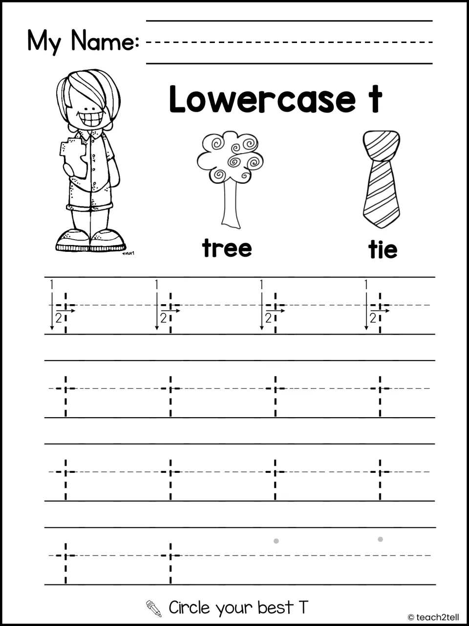 Lowercase t handwriting: students trace and write small t beside tree and tie pictures, then circle their best one