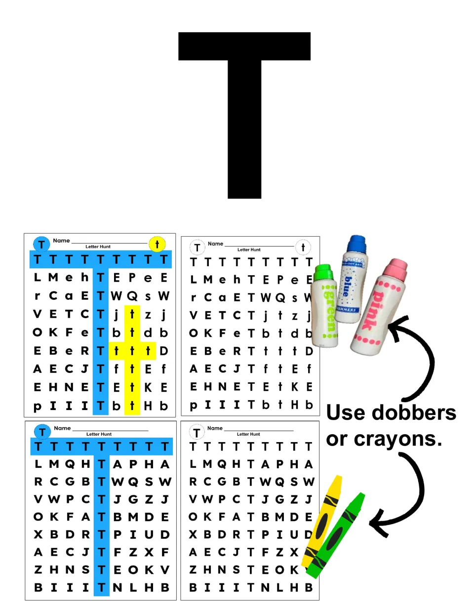 Letter T cover: big capital T above four Letter Hunt pages, with a note to use dobbers or crayons