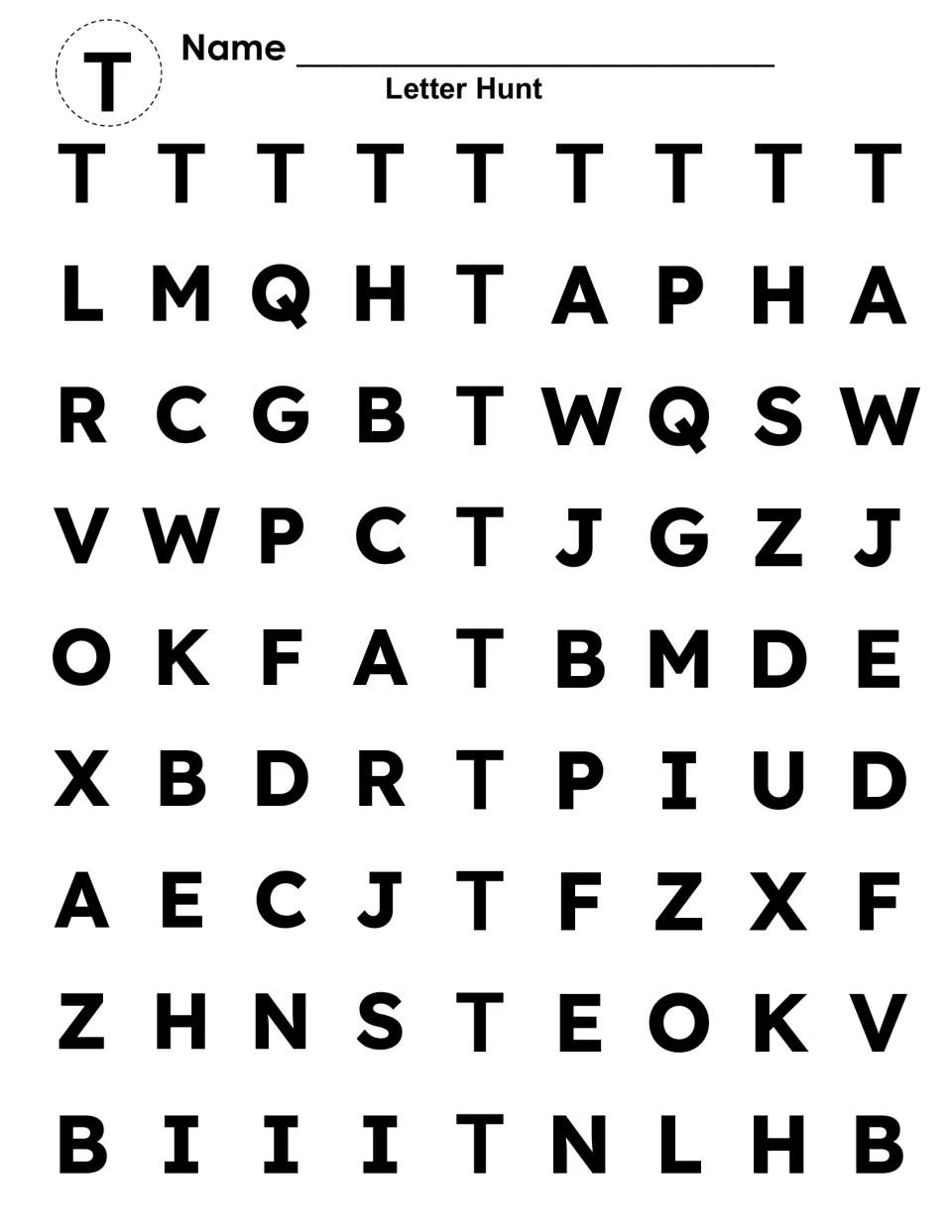 Capital T letter hunt: students find and dab every uppercase T hidden among other capital letters to reveal a large T