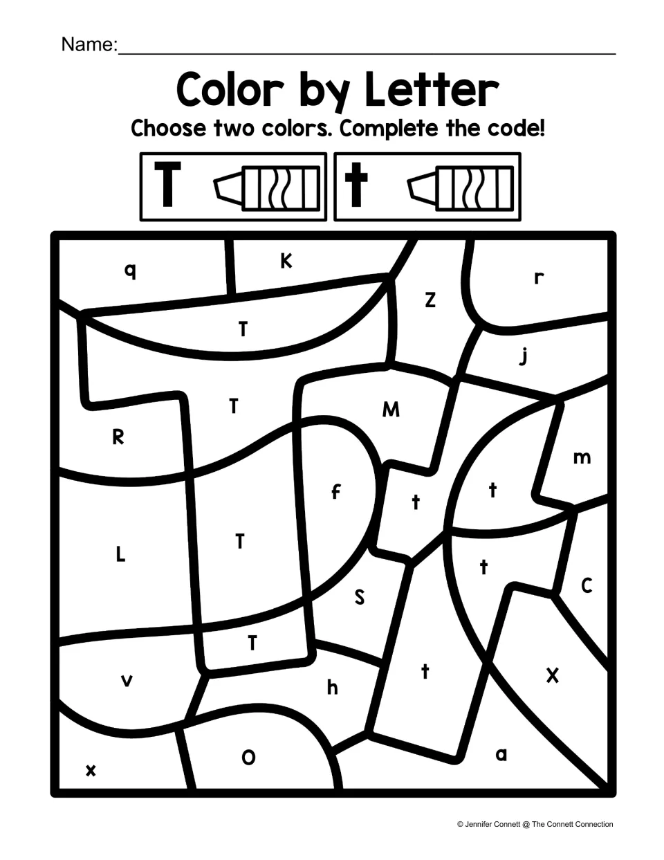 Letter T coloring worksheet: uppercase T and lowercase t form large letter shapes among other letters.