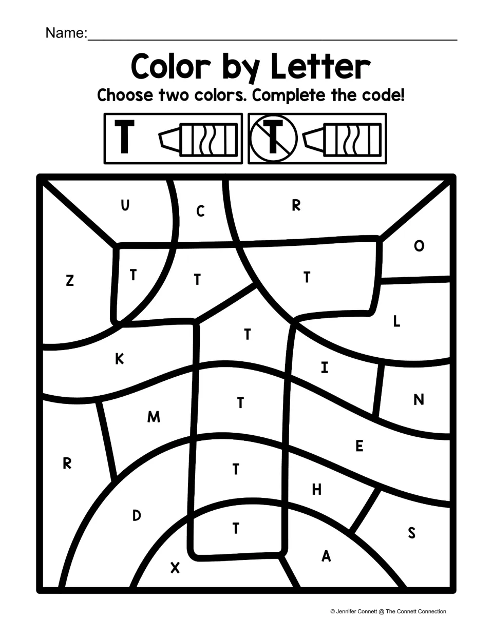 Uppercase T coloring worksheet: find T among other capital letters to color a large uppercase T shape.
