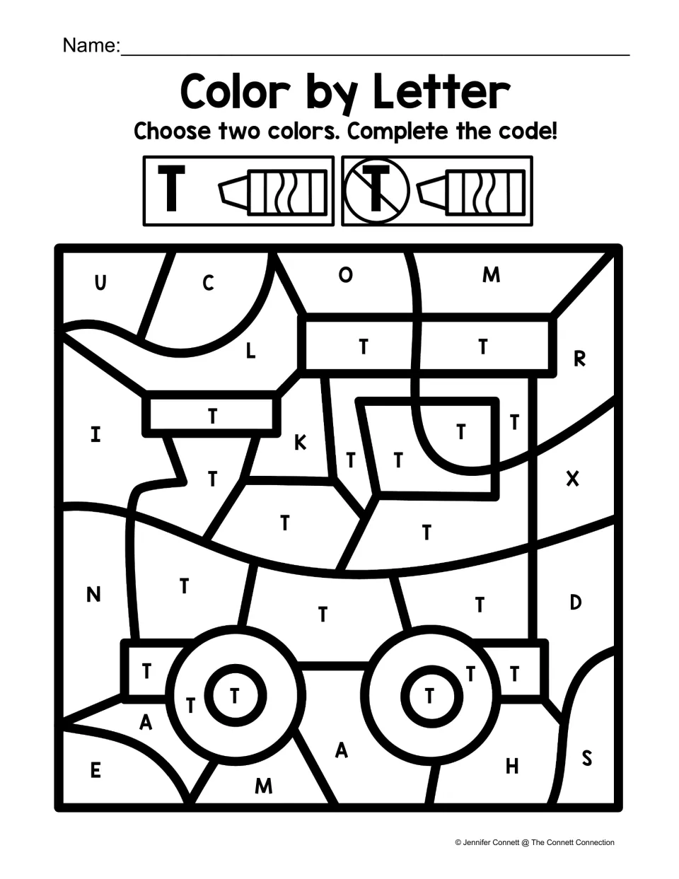 Train coloring worksheet: uppercase T marks the train, while other capital letters mark the background.