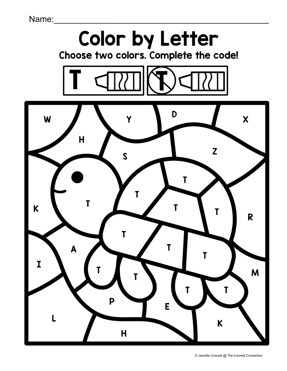 Turtle coloring worksheet: uppercase T marks the turtle, with other capital letters in the background.