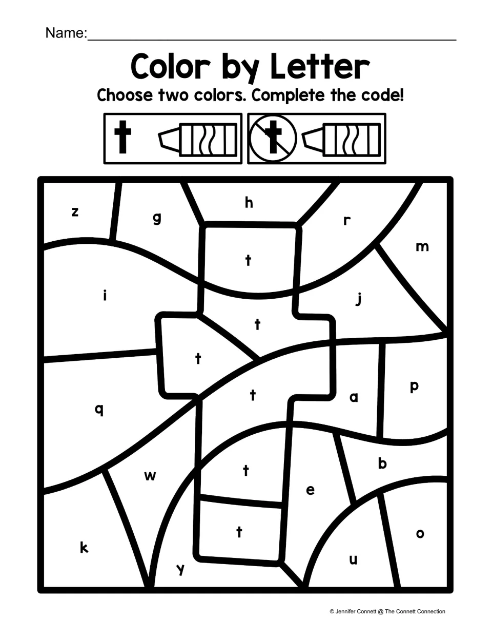 Lowercase t coloring worksheet: find t among other lowercase letters to color a large lowercase t shape.