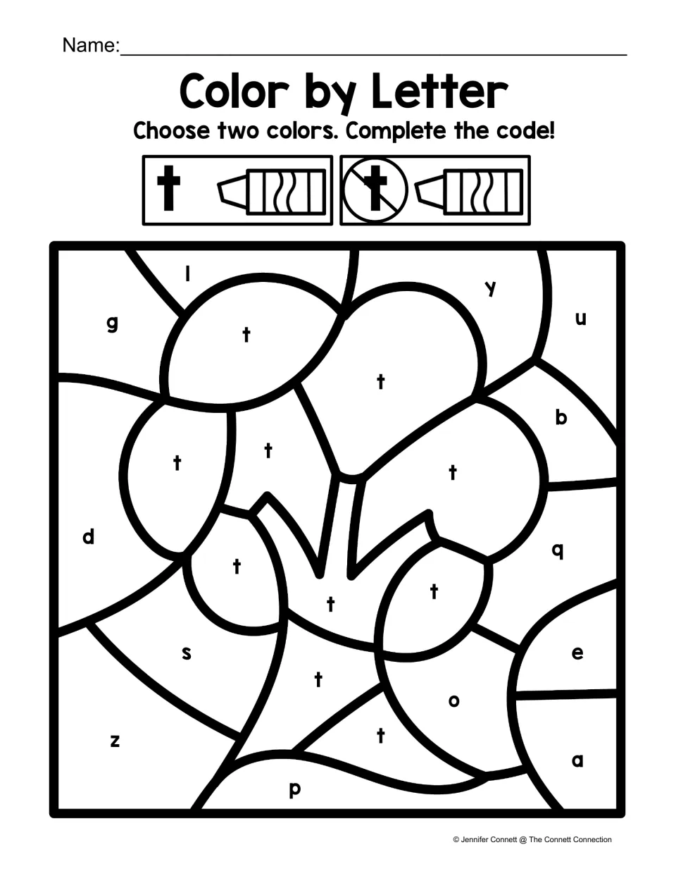 Tree coloring worksheet: lowercase t marks the tree, while other lowercase letters mark the background.