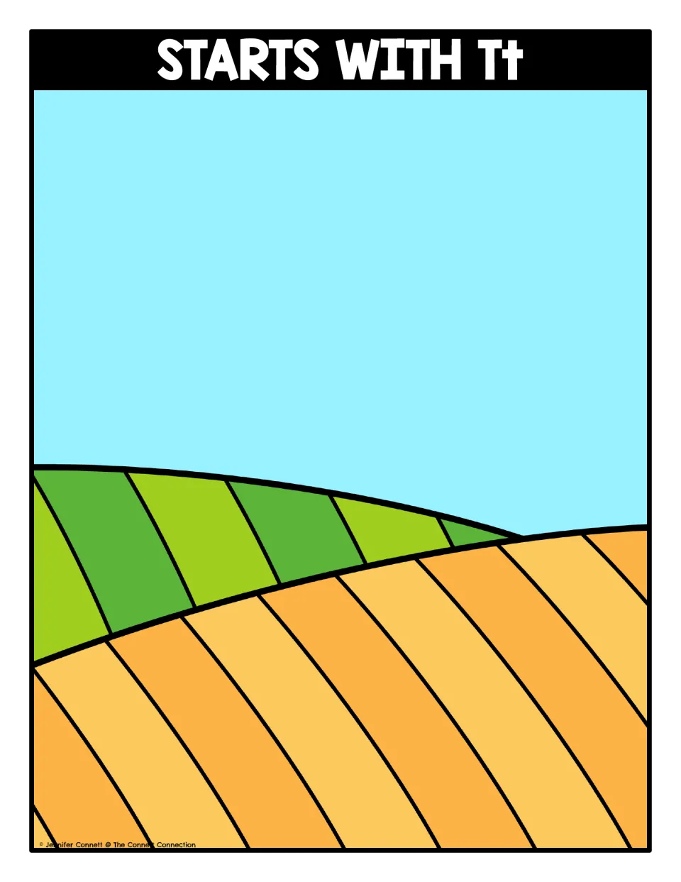 Letter T sorting mat headed STARTS WITH Tt: students place turkey picture cards on a farm field scene with a blue sky