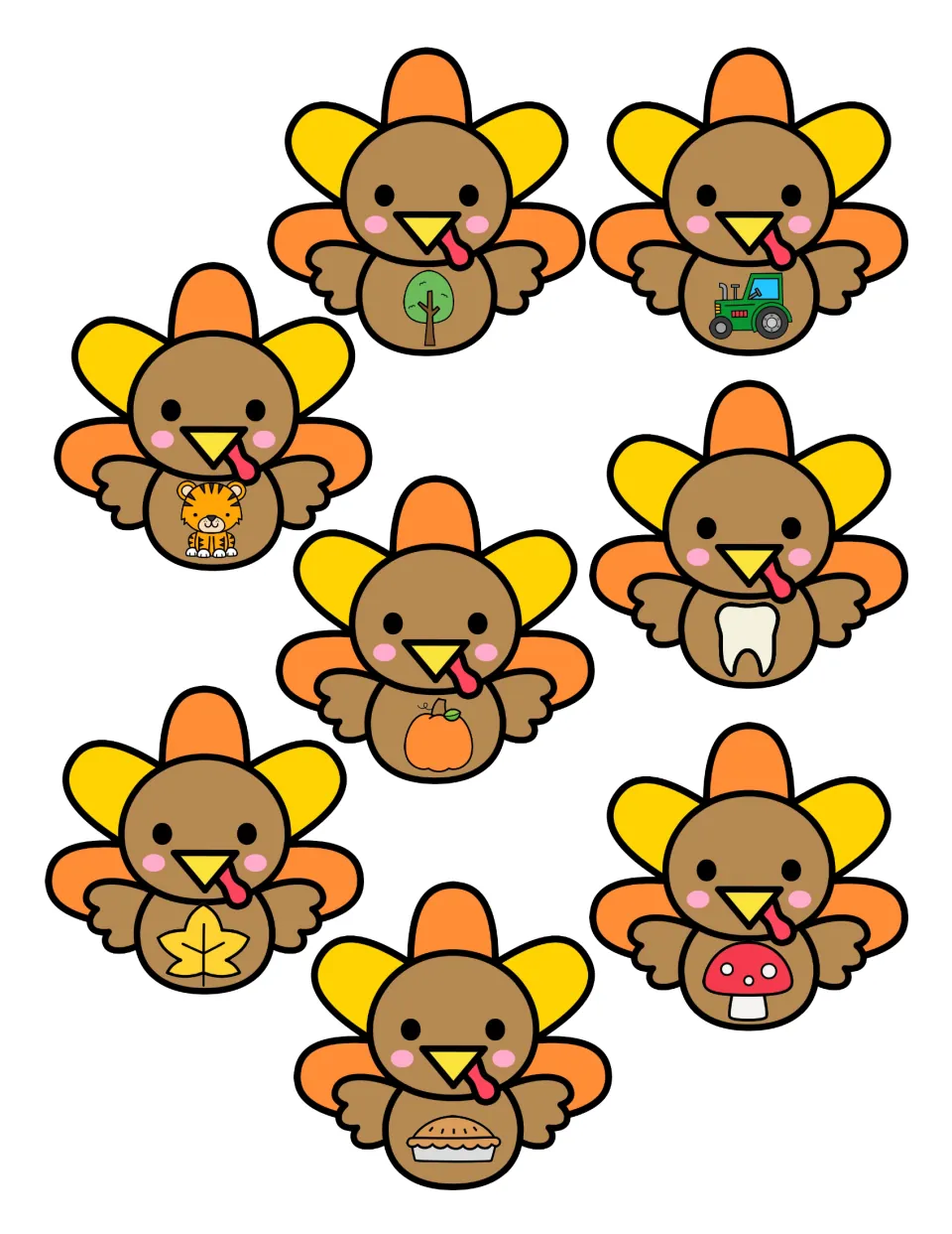 Turkey picture cards to cut out: tree, tractor, tiger, tooth, pumpkin, leaf, mushroom and pie to sort by beginning sound