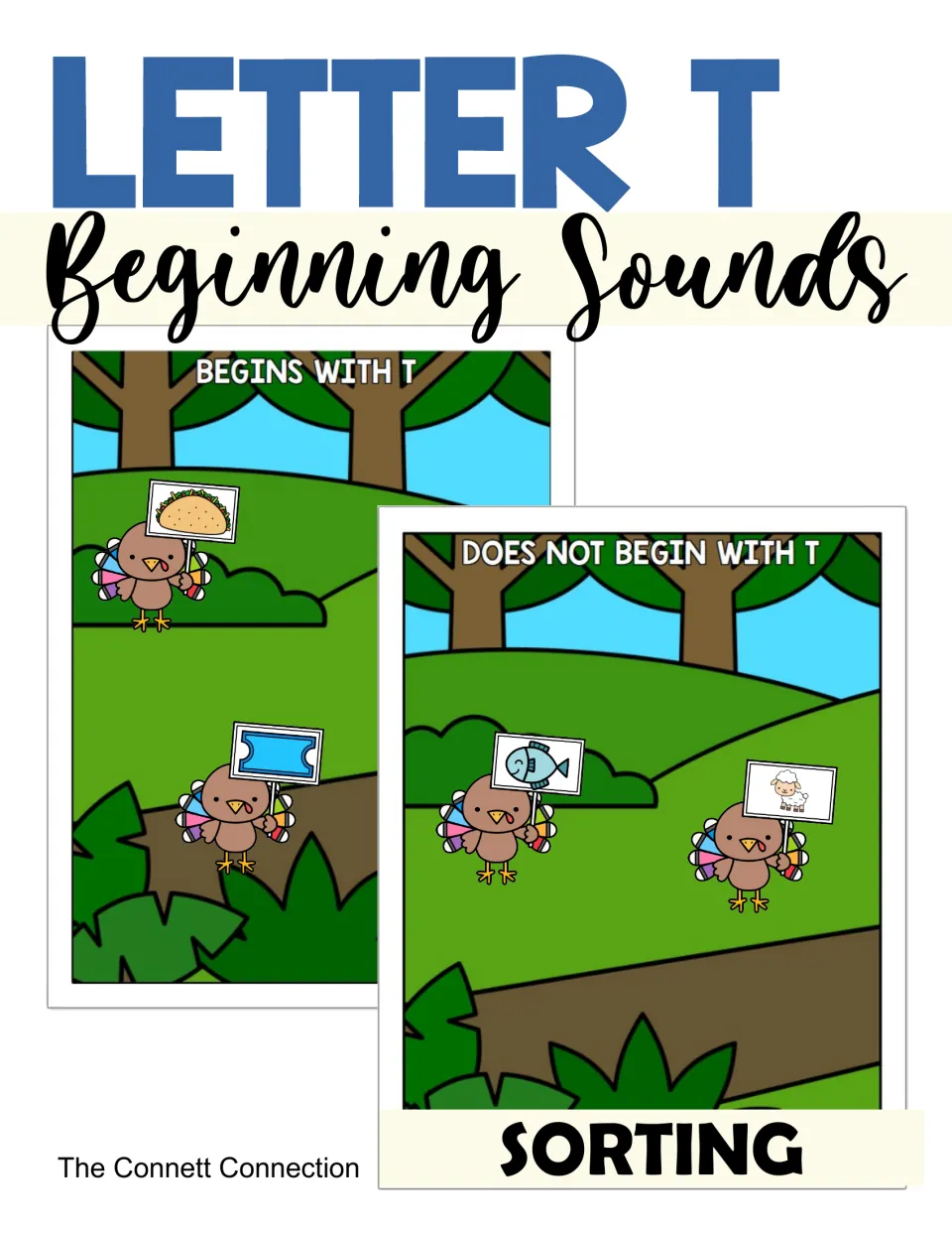 Letter T beginning sounds sorting cover: turkey picture cards on Begins With T and Does Not Begin With T forest mats