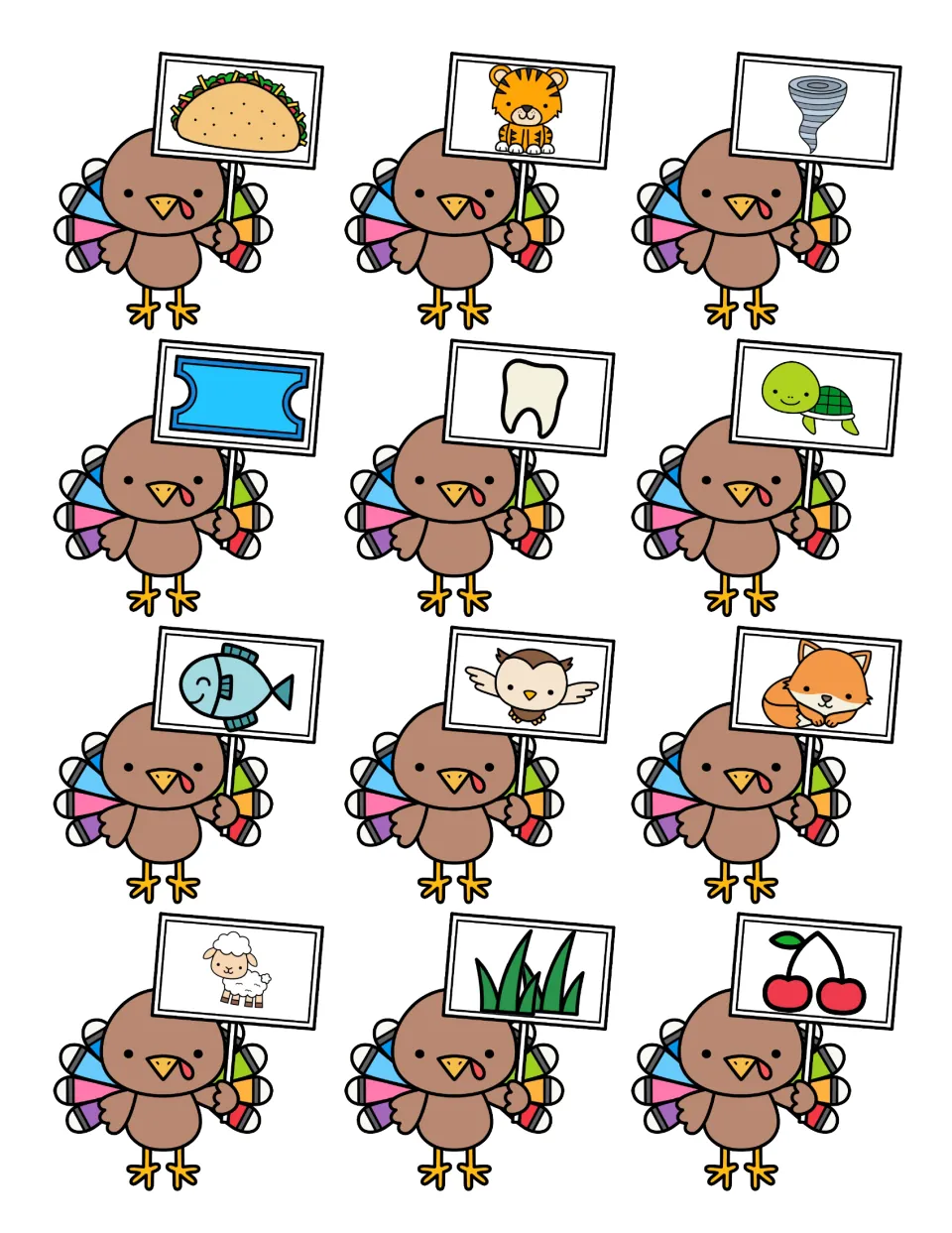 Cards to sort by first sound: taco, tiger, tornado, ticket, tooth, turtle, fish, owl, fox, sheep, grass, cherries