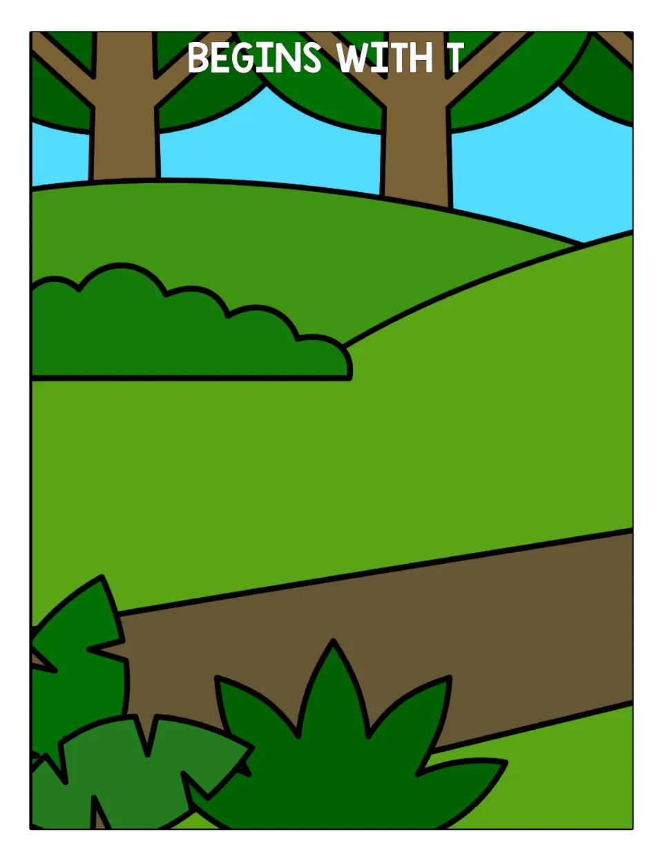 Begins With T sorting mat: a forest scene where students place picture cards whose names start with the /t/ sound