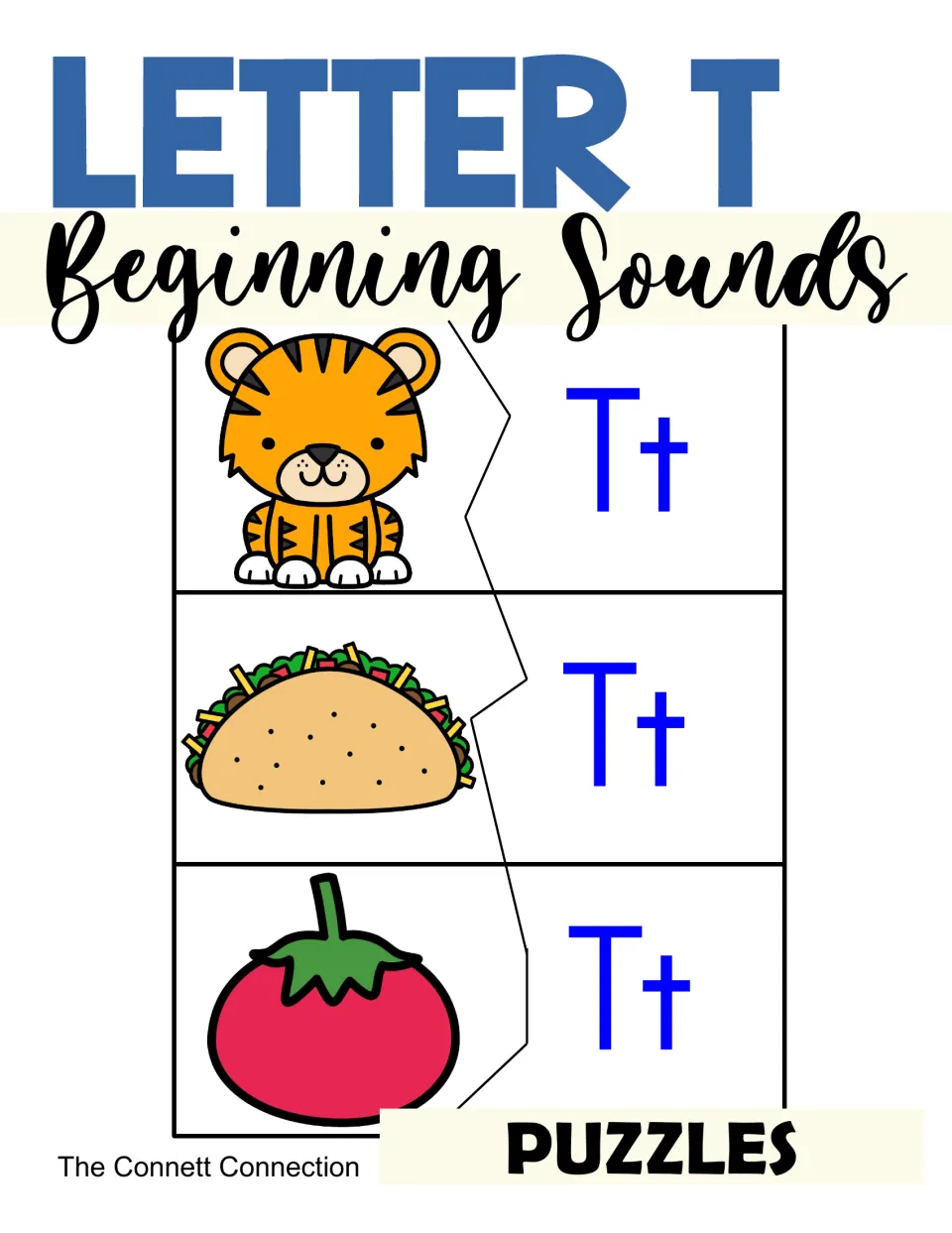 Cover of Letter T Beginning Sounds Puzzles: tiger, taco and tomato pictures, each split from a matching Tt letter piece