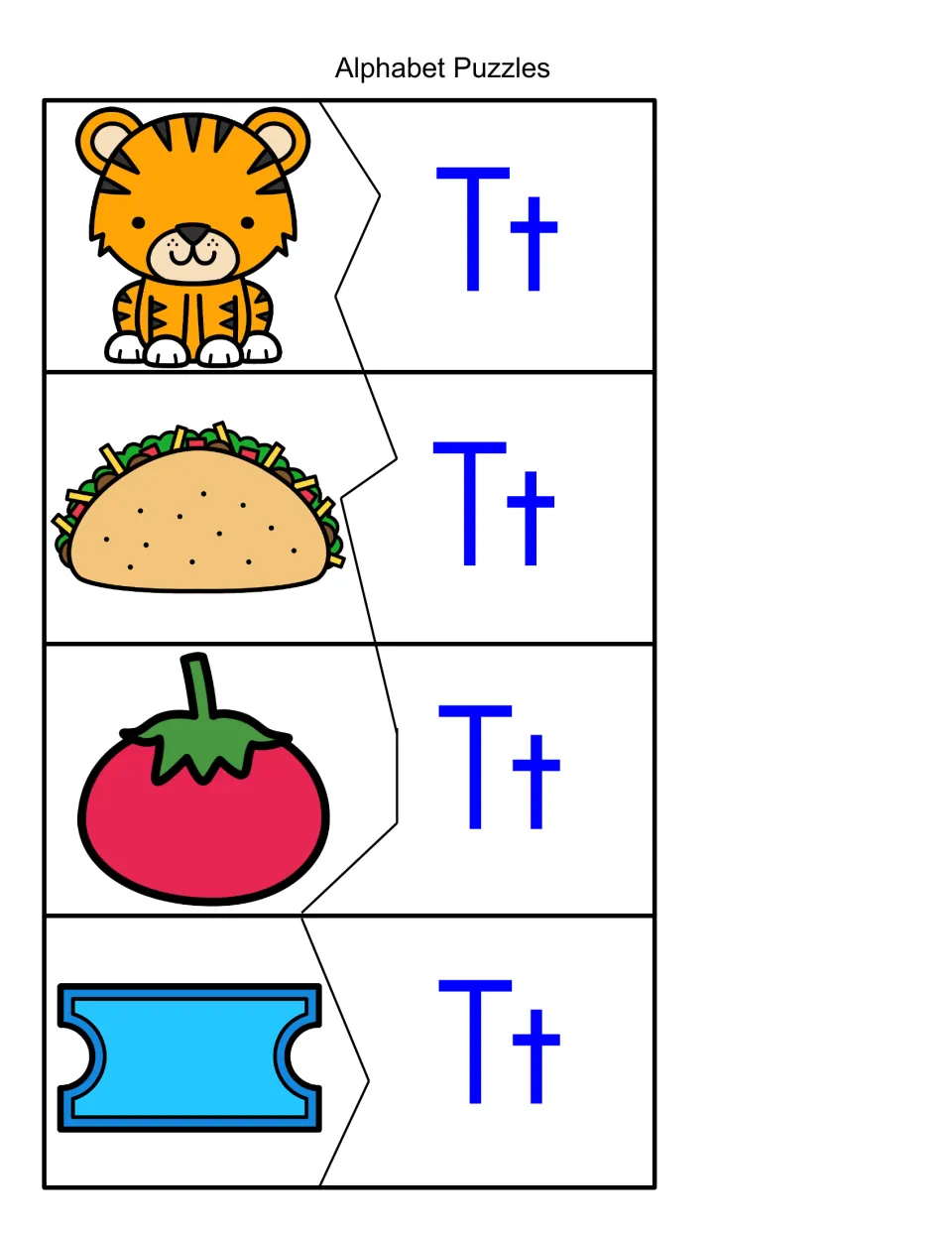 Alphabet puzzles for /t/: students match tiger, taco, tomato and ticket picture pieces to their Tt letter halves