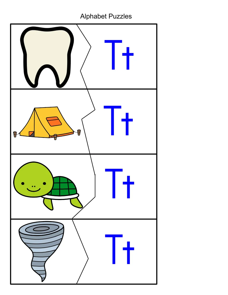 Beginning sound T puzzle set: students join tooth, tent, turtle and tornado pictures to the Tt piece by its zigzag edge