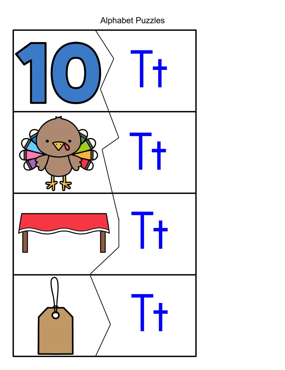 Initial /t/ sound matching: students fit the number 10, turkey, table and tag picture pieces to their Tt letter pieces