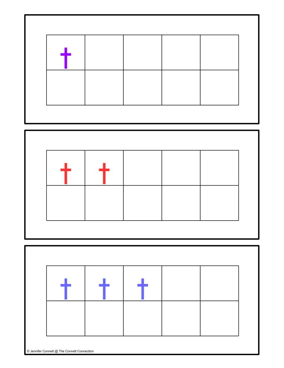 Ten-frame cards showing 1, 2 and 3 colored letter t's; students count the t's and match each card to its number tooth