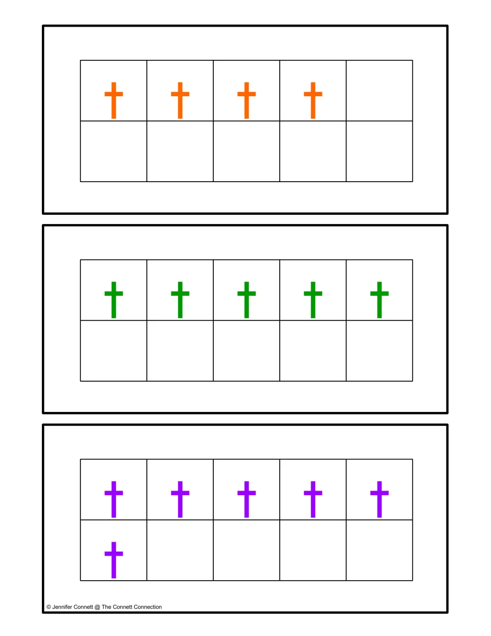 Ten-frame cards with 4, 5 and 6 letter t's in orange, green and purple for counting each set and matching it to a numeral