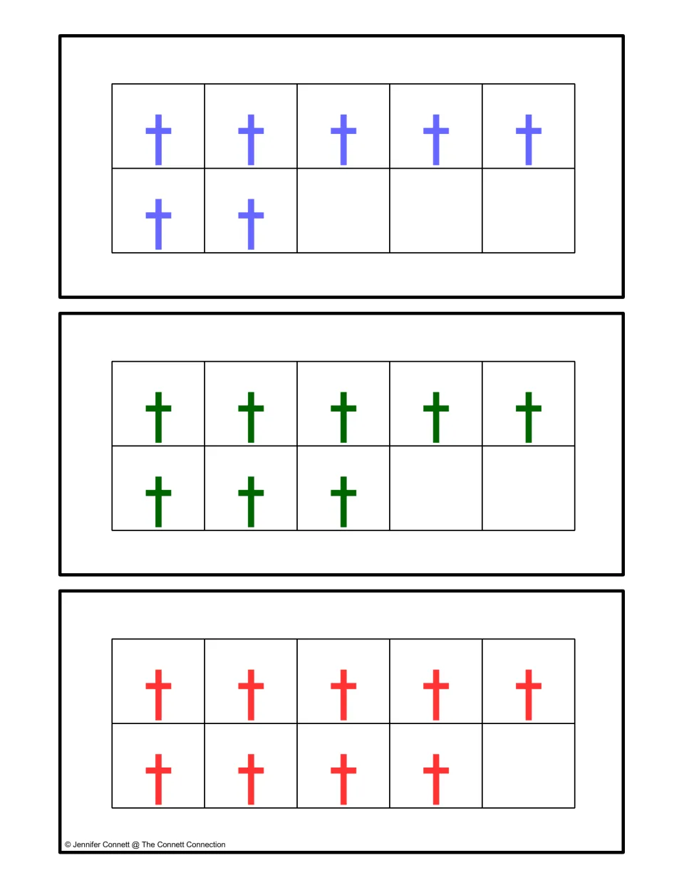 Ten-frame cards filled with 7, 8 and 9 letter t's in blue, dark green and red; students count past five to find each total