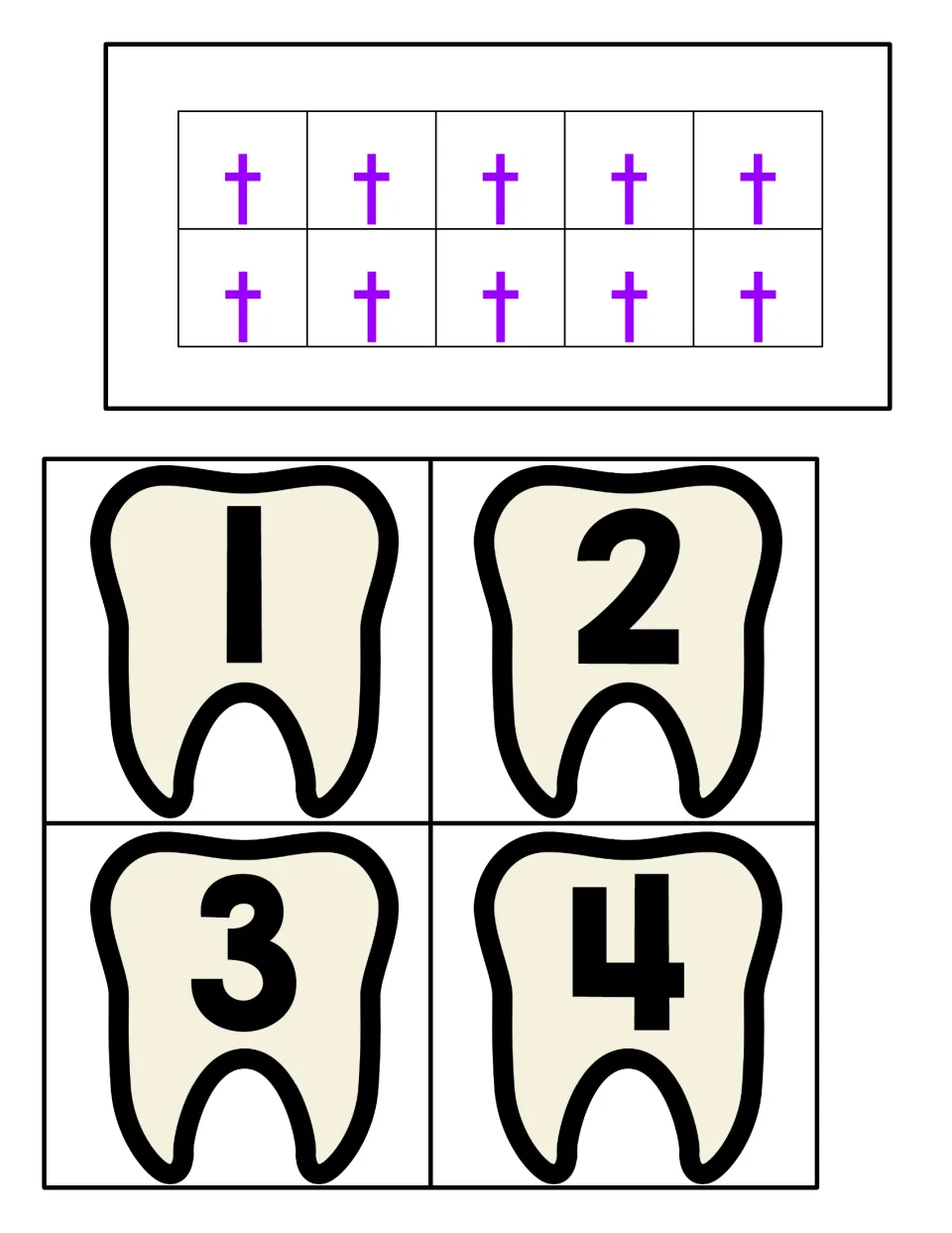 A full ten frame of 10 purple letter t's plus cut-out tooth number cards 1 to 4 for matching numerals to counted sets
