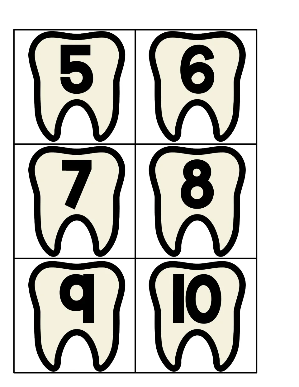 Tooth-shaped number cards 5 to 10 to cut out; students pair each numeral with the ten frame showing that amount