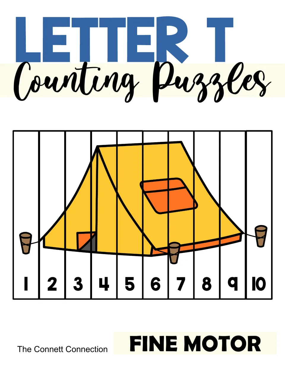 Letter T Counting Puzzles cover: a yellow tent picture cut into 10 strips numbered 1 to 10, labeled Fine Motor