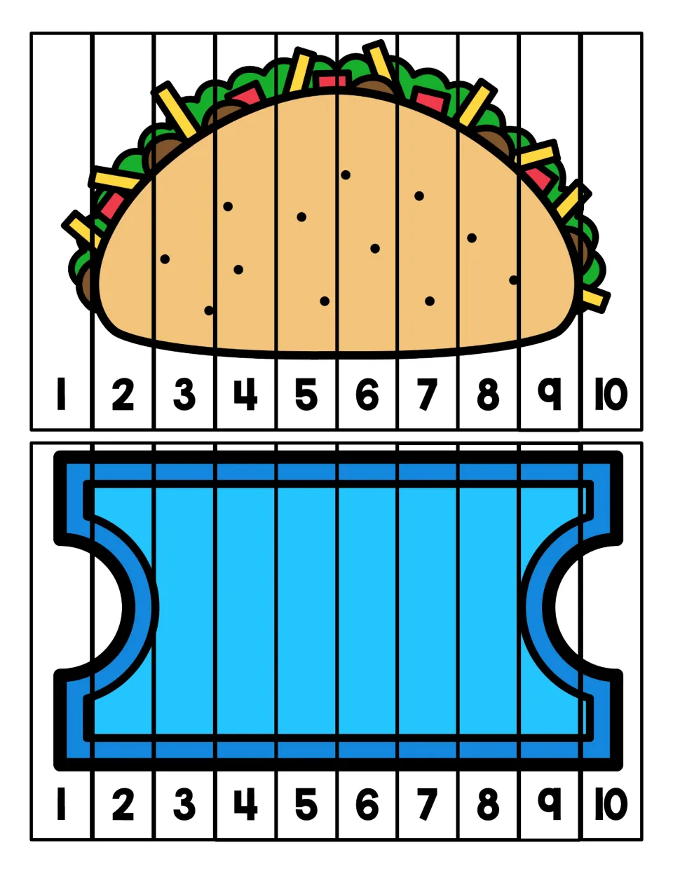 Taco and blue ticket strip puzzles: students order 10 picture strips by the numbers 1 to 10 to rebuild each T picture