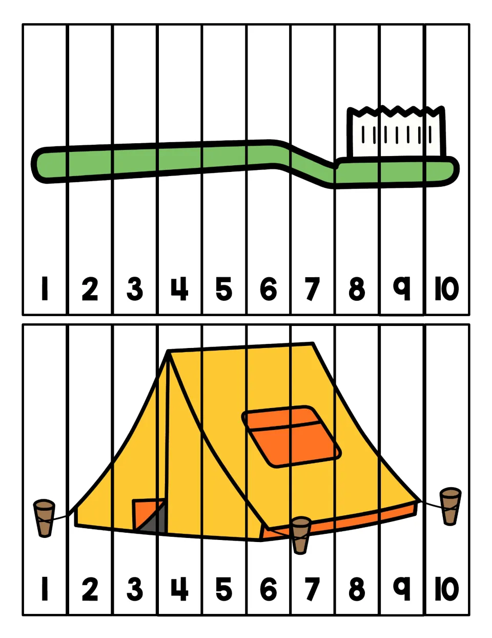 Toothbrush and tent strip puzzles: students sequence numbered strips 1 to 10 so each letter T picture comes together