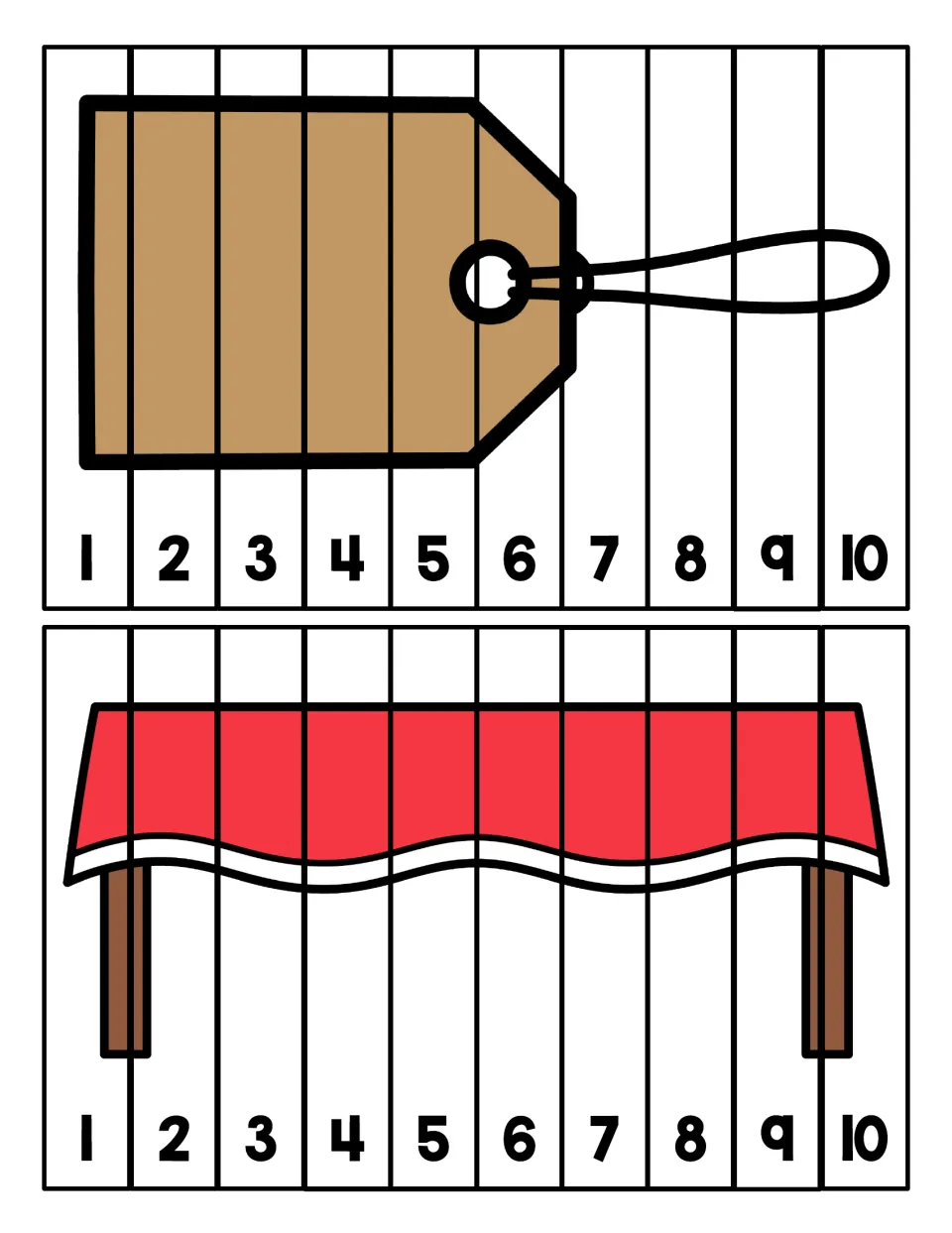 Tag and table strip puzzles: students put strips numbered 1 to 10 in counting order to complete each picture