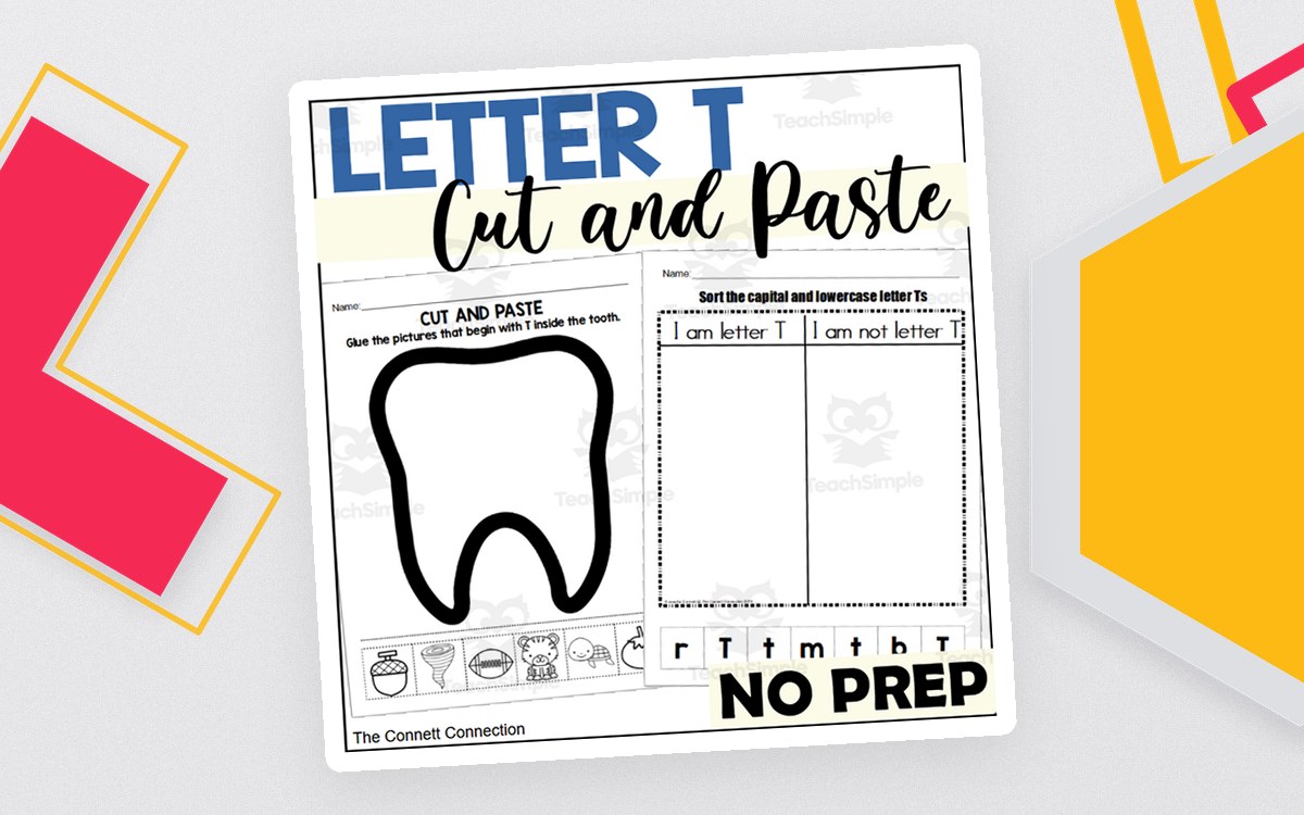 Letter T cut-and-paste worksheet cover with a tooth sorting page, picture pieces and uppercase/lowercase letter sorts.