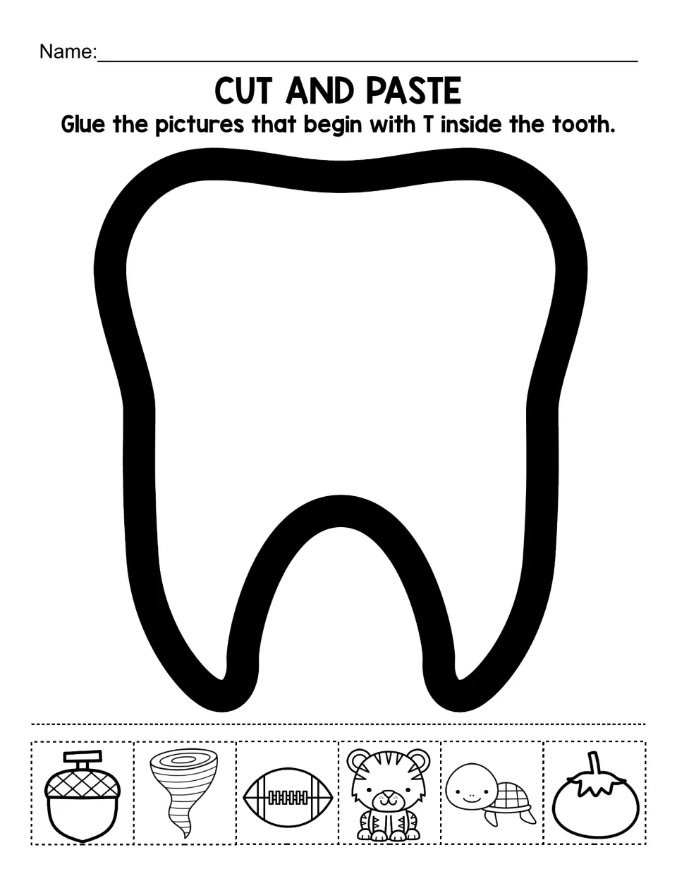 Beginning sound T: students cut six pictures and glue only T words, like tiger, turtle and tomato, inside a tooth