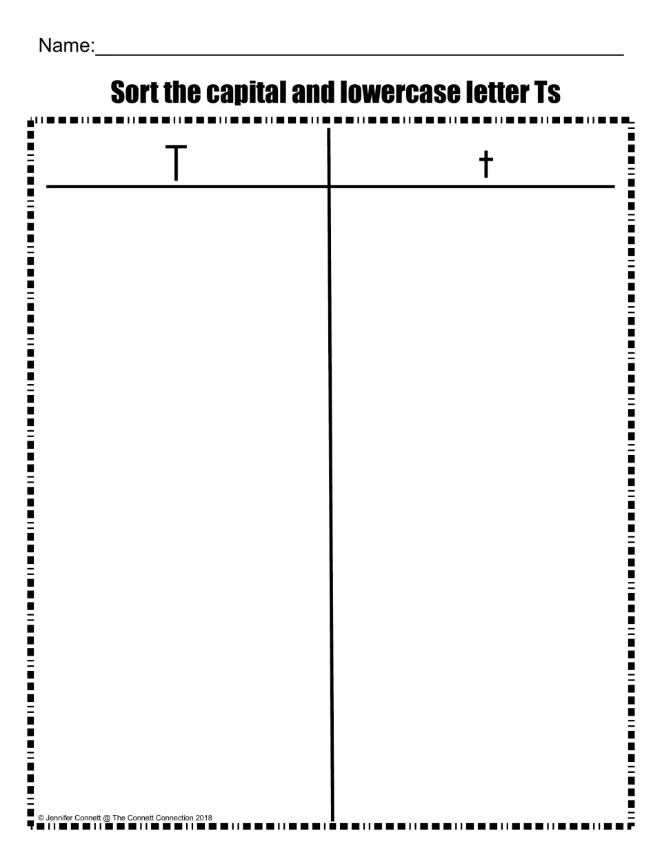 Capital and lowercase T sort: students place each letter T under the heading T or t to tell uppercase from lowercase
