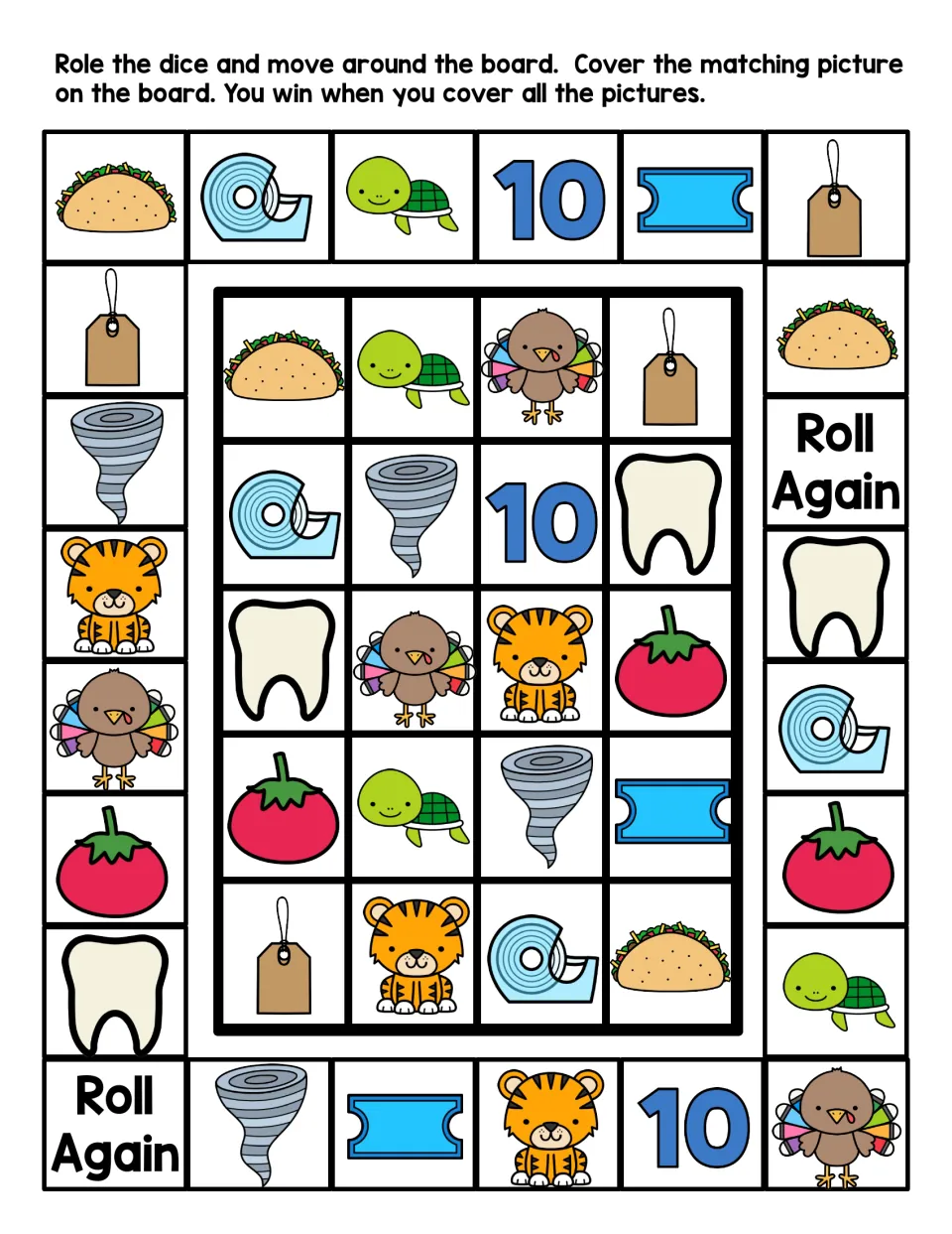 Letter T sound game in color: students roll a die, move around the board and cover matching T pictures like taco and tiger