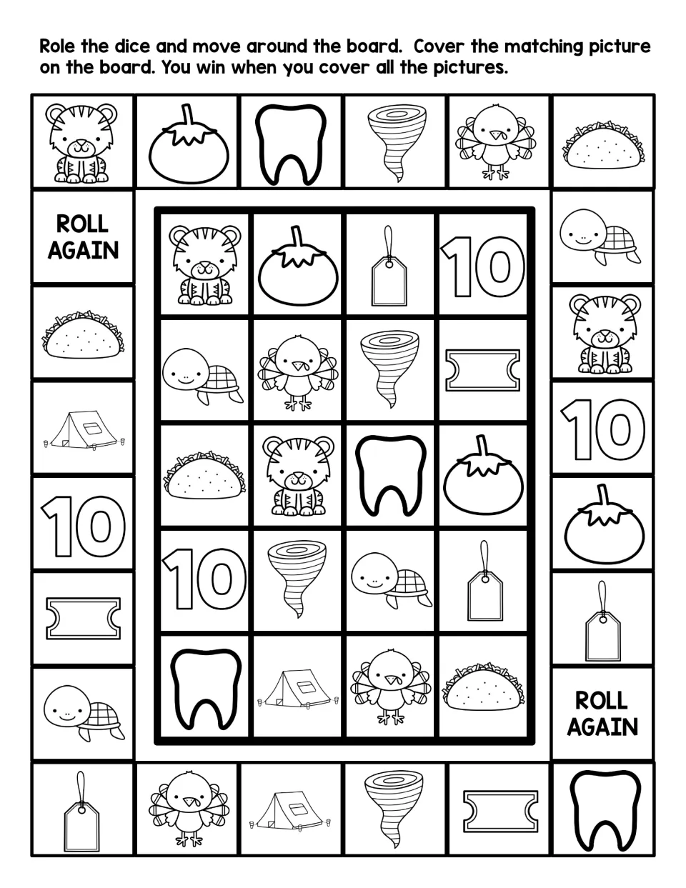 Black-and-white letter T board: roll, move and cover matching pictures such as tent, tooth, turtle, tomato and ticket