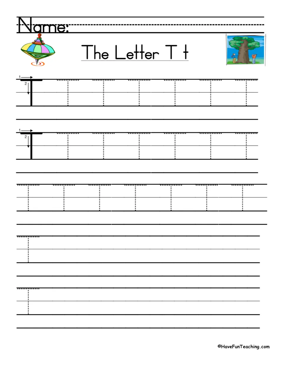 Uppercase T handwriting practice: numbered stroke directions, repeated letters to trace, and writing space