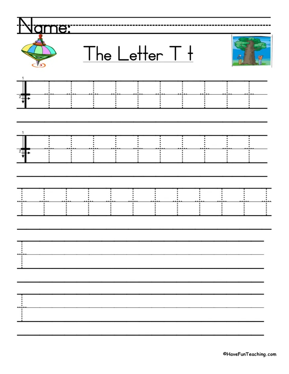 Lowercase t handwriting practice: numbered stroke directions, repeated letters to trace, and writing space
