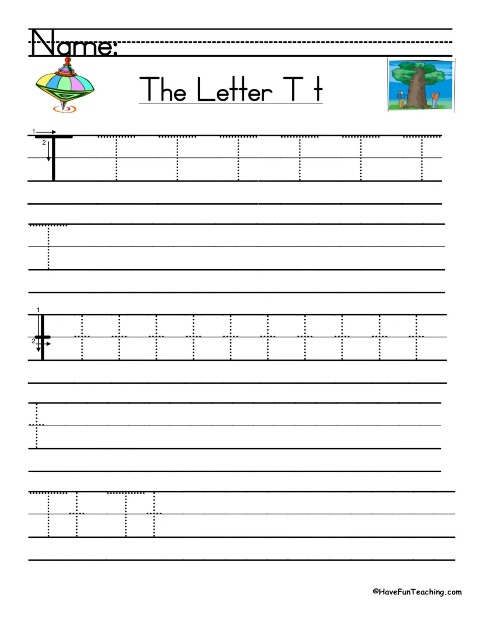 Combined T and t handwriting practice: stroke directions, uppercase and lowercase tracing, and writing space