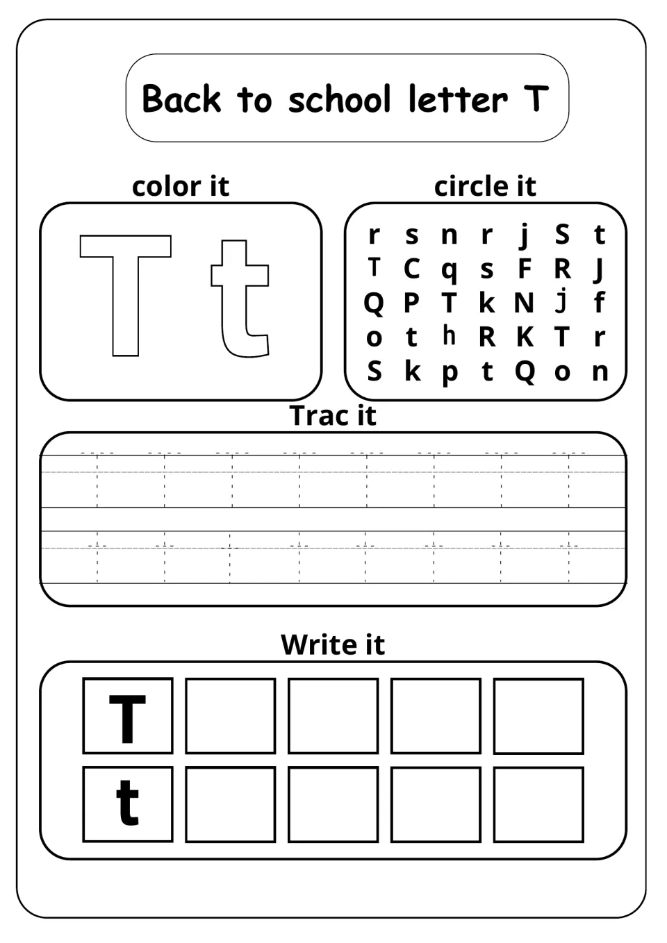 Back to school letter T: students color T and t, circle T and t in a letter mix, then trace and write T and t