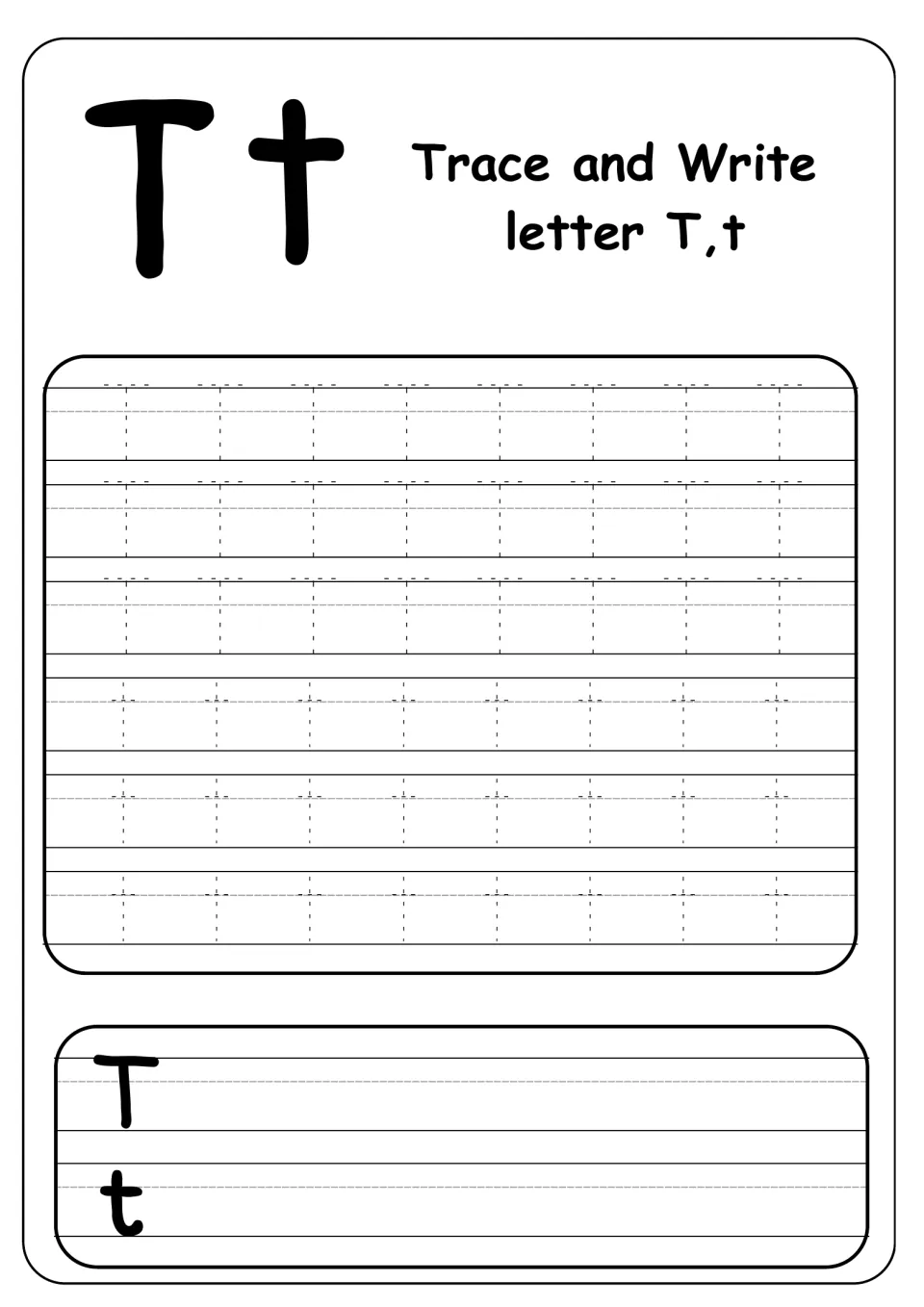 Trace and Write letter T,t: students trace three rows of dotted capital T and lowercase t, then write both on their own